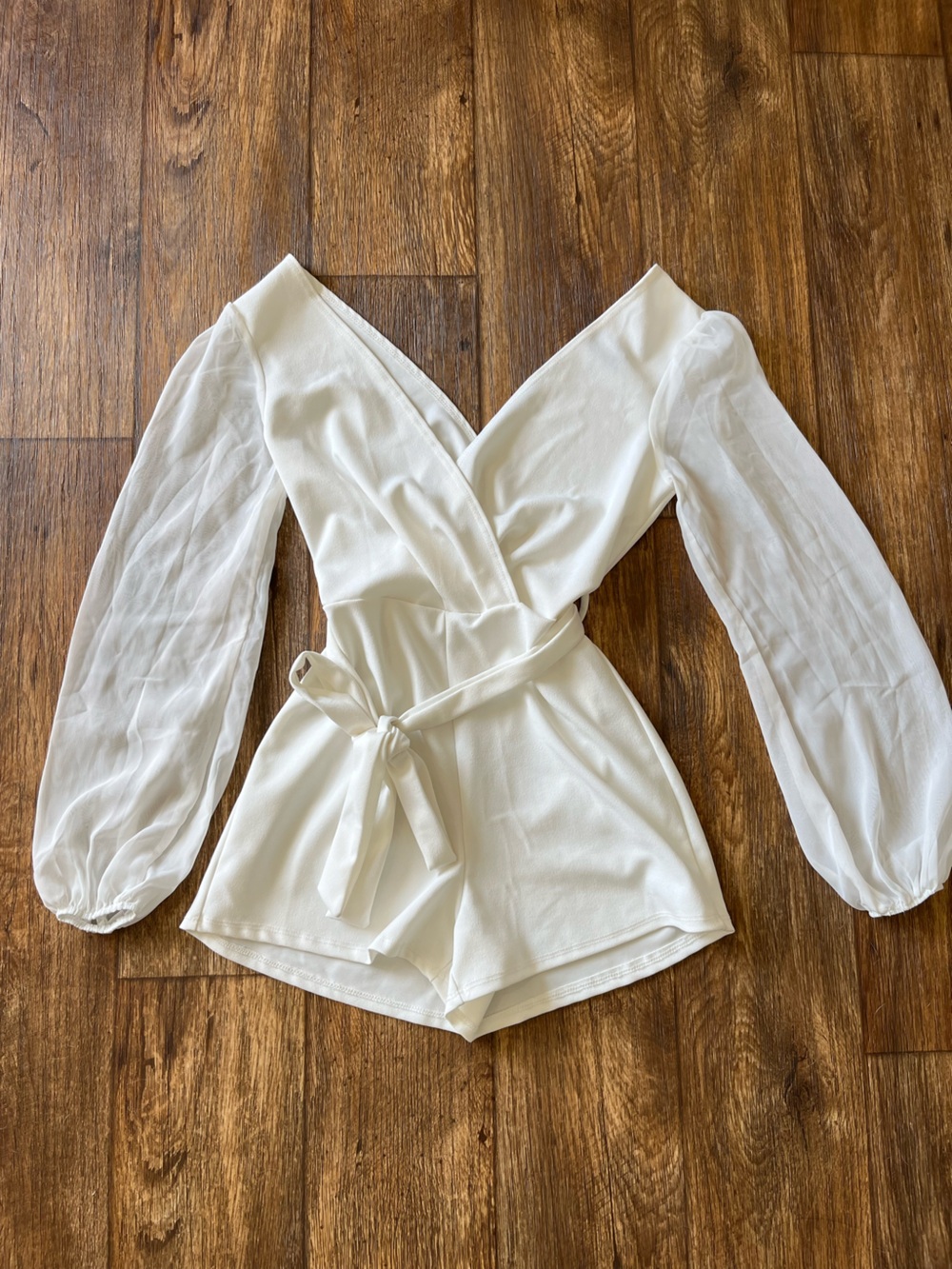 Windsor White Wrap Romper with Sheer Balloon Sleeves
